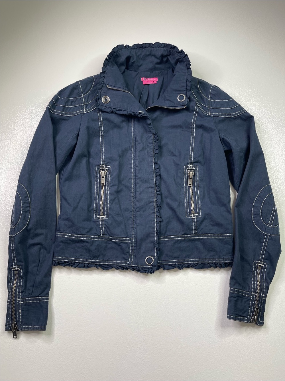 BCBGirls Navy Blue Ruffle Trim Utility Moto Jacket White Contrast Stitching 8